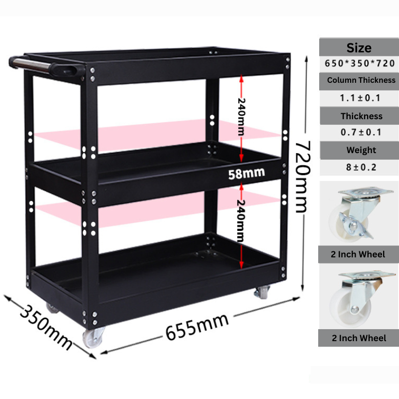 Load image into Gallery viewer, [Adjustable Height] Heavy Duty 3 Tiers Metal Tool Trolley Cart Workshop Tool Storage Push Trolley - Polar Tech Australia

