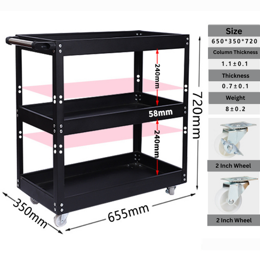 [Adjustable Height] Heavy Duty 3 Tiers Metal Tool Trolley Cart Workshop Tool Storage Push Trolley