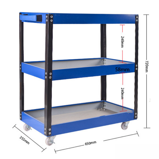 [65x72cm] Large Heavy Duty 3 Tiers Metal Tool Trolley Cart Workshop Tool Storage Push Trolley