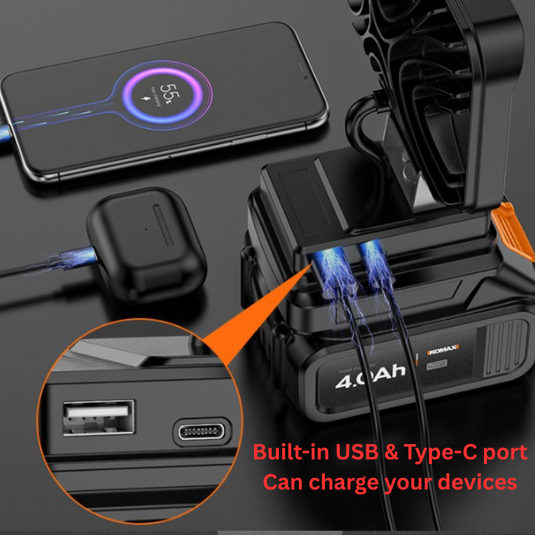 [Battery & Charger Bundle Kit] Komax Portable Foldable 21V Battery Powered LED Light With USB & Type-C Ports