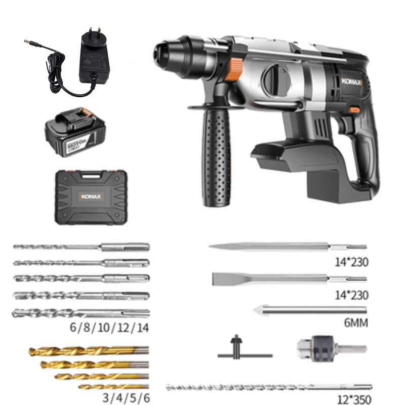 Cargue la imagen en el visor de la galería, [Bundle Kit] Komax 21V 1000W High Power Cordless Electric hammer Drill 26mm rotary machine SDS plus with 3 modes, cordless drill machine with reverse/forward switch, Brushless motor
