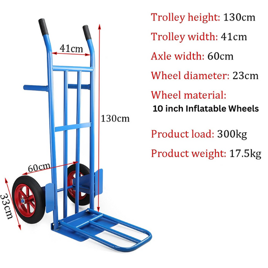 Heavy Duty Hand Truck Trolley for Cargo Transportation, Large Capacity Load 300kg with 10 inch Inflatable Wheels