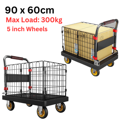 [90x60cm][With Cage] Heavy Duty Hand Push Foldable Platform Trolley Cage Cart (Max Load 300KG)