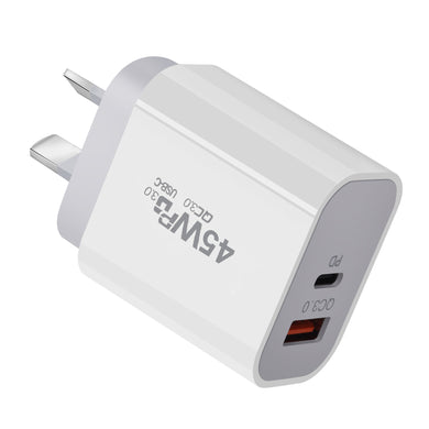 45W PD Type-C + QC 3.0 USB Dual Port Wall Travelling Charger Adapter-  (SAA Approved/AU Plug)