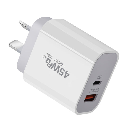 45W PD Type-C + QC 3.0 USB Dual Port Wall Travelling Charger Adapter-  (SAA Approved/AU Plug)