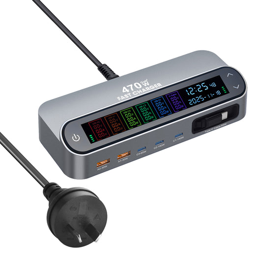 [470W GaN][SAA Approved][Built-in Cable] LCD Display Universal Phone Tablet Laptop MacBook (4*PD+2*QC) 5 Ports USB Type-C Wall Charger Desktop Home Office Charging Station Power Adapter (AU Plug) - Polar Tech Australia