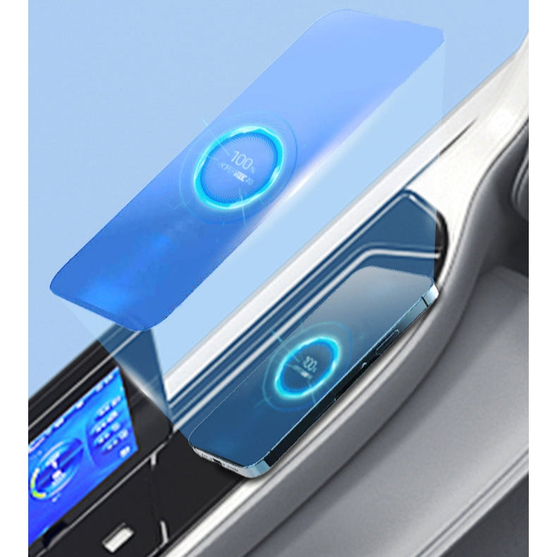 Load image into Gallery viewer, Wireless charging pad with blue indicator lights on a car dashboard
