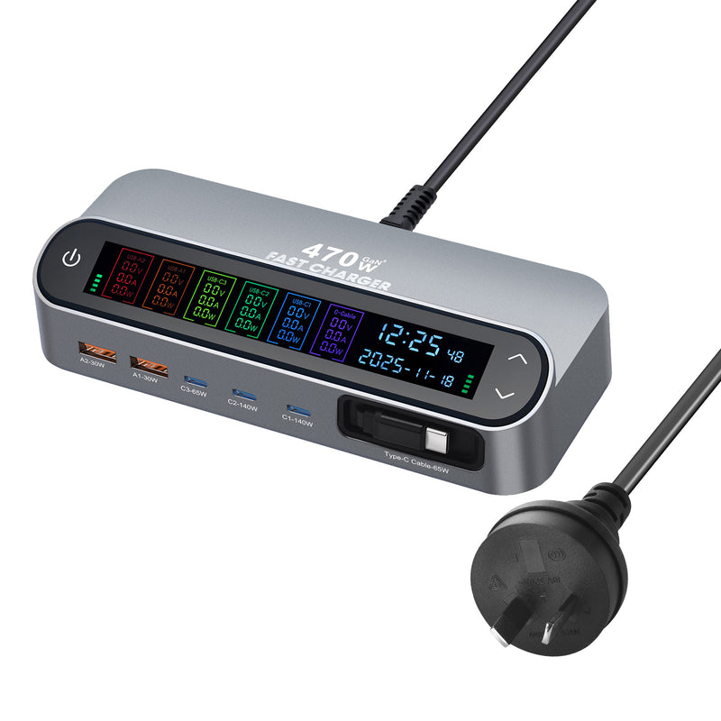 Load image into Gallery viewer, [470W GaN][SAA Approved][Built-in Cable] LCD Display Universal Phone Tablet Laptop MacBook (4*PD+2*QC) 5 Ports USB Type-C Wall Charger Desktop Home Office Charging Station Power Adapter (AU Plug) - Polar Tech Australia
