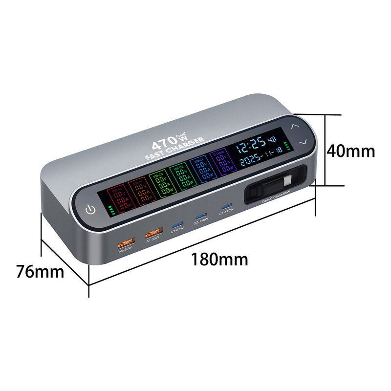Load image into Gallery viewer, [470W GaN][SAA Approved][Built-in Cable] LCD Display Universal Phone Tablet Laptop MacBook (4*PD+2*QC) 5 Ports USB Type-C Wall Charger Desktop Home Office Charging Station Power Adapter (AU Plug) - Polar Tech Australia
