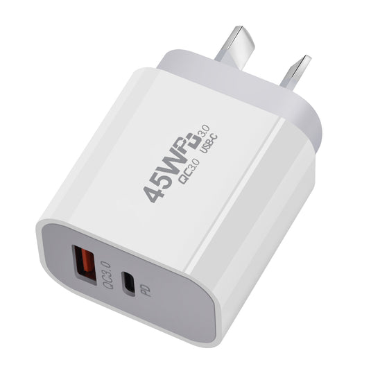 45W PD Type-C + QC 3.0 USB Dual Port Wall Travelling Charger Adapter-  (SAA Approved/AU Plug)