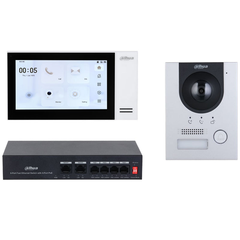 Chargez l'image dans la visionneuse de la galerie, [DHIKTP01LS] Dahua IP Video 1 Button Residential Intercom Kit with Surface Mount Door Station, 7inch Touch Screen Monitor and PoE Switch
