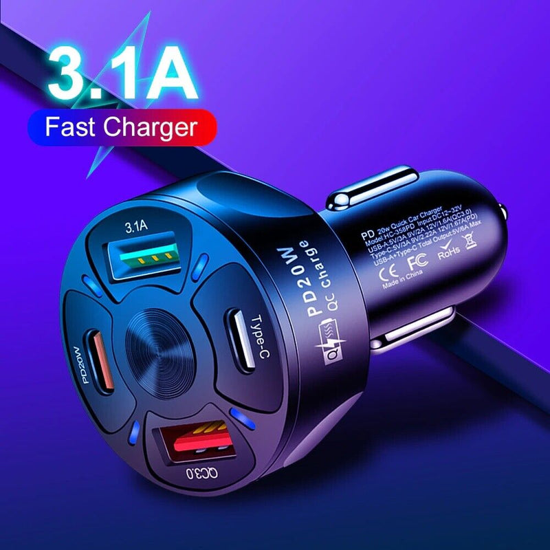 Cargue la imagen en el visor de la galería, Universal PD + QC 3.0 30W Super Fast 4 Ports Quick Car Charger - Polar Tech Australia
