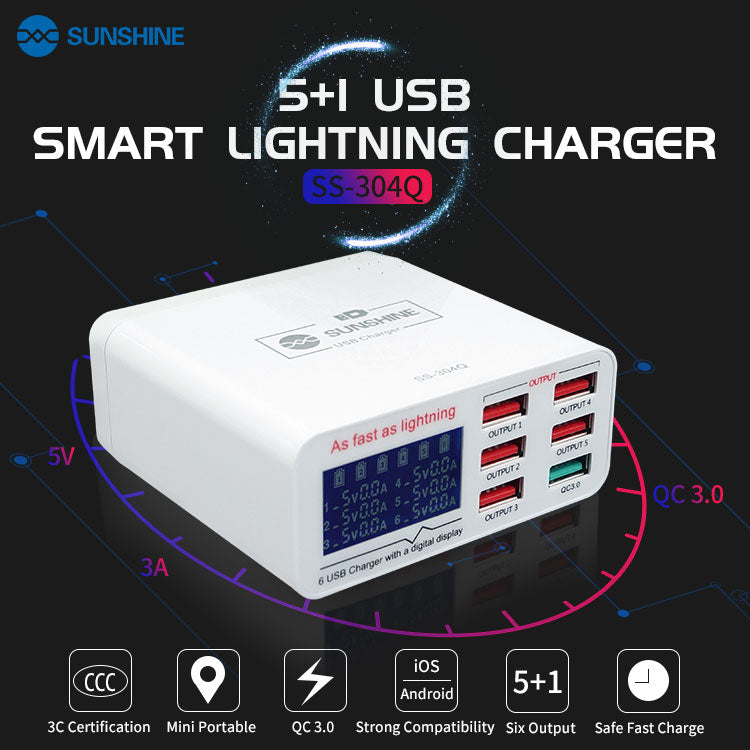 Cargue la imagen en el visor de la galería, [SS-304Q][AU Plug] Sunshine Relife 6 Port USB QC3.0 Smart Fast Charger Station Voltage Tester Multimeter USB Current Meter Tester - Polar Tech Australia
