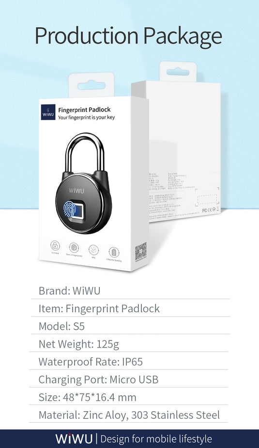 WIWU S5 IP65 Waterproof Smart Rechargeable Fingerprint Padlock For Door Bicycle Bag Cabinets - Polar Tech Australia