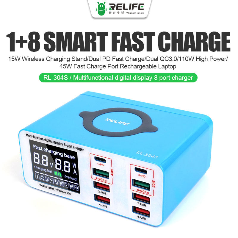 Cargue la imagen en el visor de la galería, [RL-304S][AU Plug] Relife 110W 8 Ports (2 x Type-C + 6 USB) PD &amp; QC 3.0 &amp; Wireless Quick Charger Wireless Charger Adapter Station With Current/Voltage Meter - Polar Tech Australia
