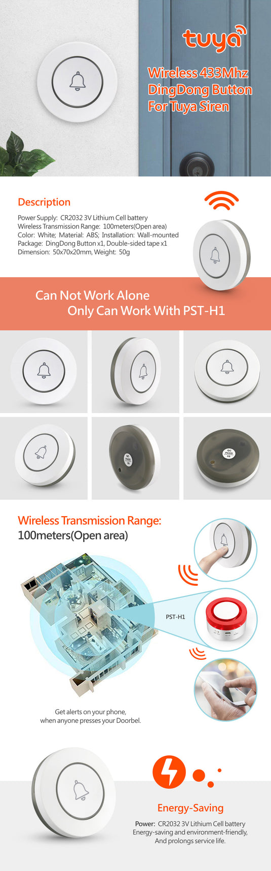 [A07] 433Hz Battery Powered Wireless Door Bell For A01 TUYA Alarm System - Polar Tech Australia