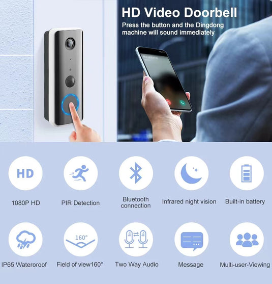 [Tuya Smart Home][With Chime] Tuya 2K Ultra HD Smart Doorbell Camera Wireless Wifi Doorbell Two Way Audio Intercom App Control - Polar Tech Australia