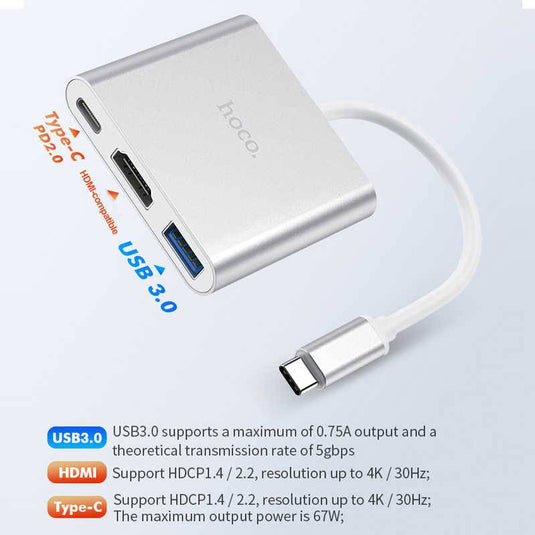 HOCO 3 in 1 USB-C Type C USB 3.0 HUB HDMI PD Adapter Converter Splitter (HB14) - Polar Tech Australia