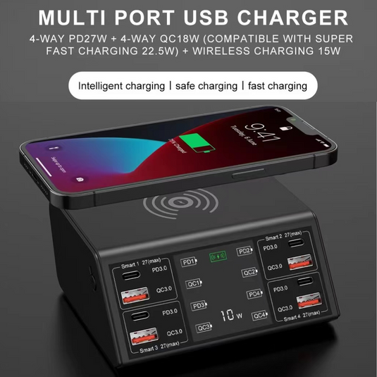 QUALCOMM 100W 8 Ports (4 x Type-C + 4 USB) PD & QC 3.0 & Wireless Quick Charger Wireless Charger Adapter Station With Current/Voltage Meter - Polar Tech Australia