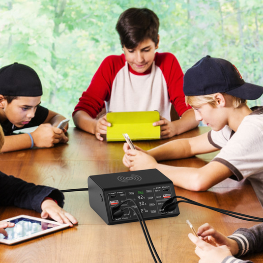 [838W] QUALCOMM 100W 8 Ports (4 x Type-C + 4 USB) PD & QC 3.0 & Wireless Quick Charger Wireless Charger Adapter Station With Current/Voltage Meter - Polar Tech Australia