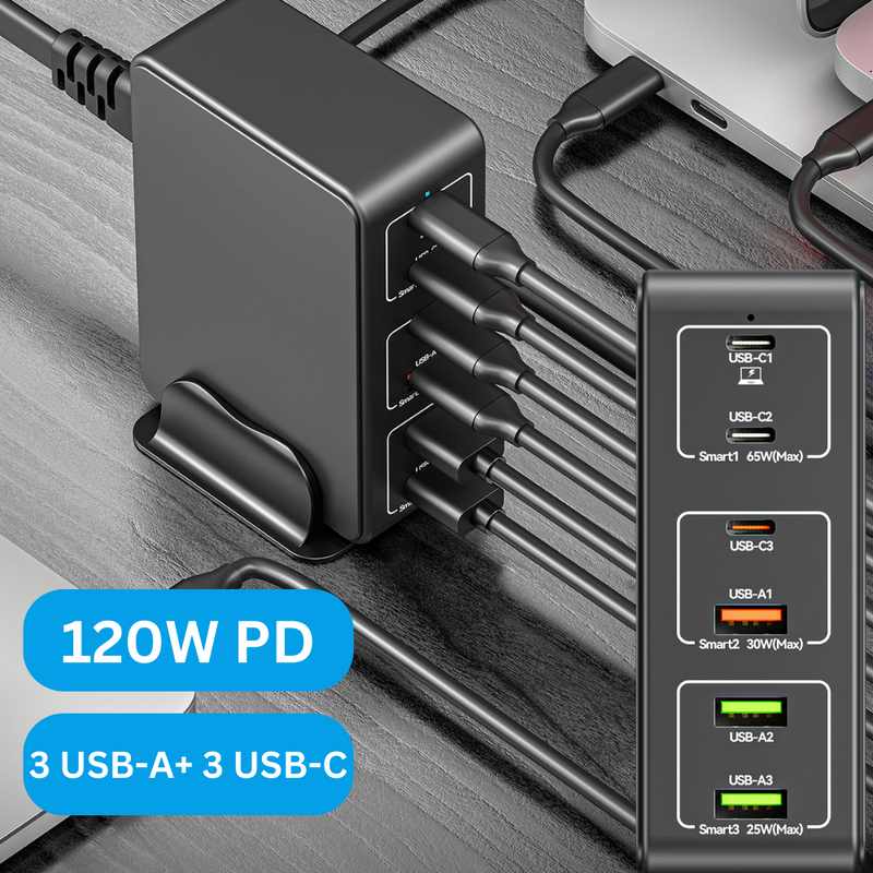 Cargue la imagen en el visor de la galería, [818H] Universal Phone Tablet Laptop 120W PD+QC 6 Port USB Type-C Wall Charger Desktop Home Office Charging Station Power Adapter (AU Plug) - Polar Tech Australia
