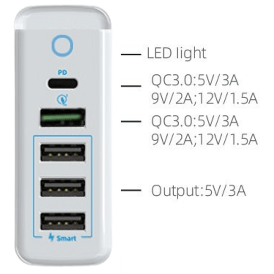 Qualcomm QC 3.0 PD 60W 5 Ports Universal Phone & Tablet USB & Type-C Desktop Wall Charger Station Adapter 1.6M Length  (AU Plug) - Polar Tech Australia