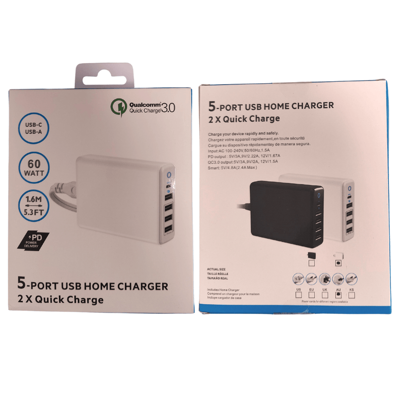 Load image into Gallery viewer, Qualcomm QC 3.0 60W 5 Ports Universal Phone &amp; Tablet USB &amp; Type-C Desktop Wall Charge Station Adapter 1.6M Length  (AU Plug) - Polar Tech Australia
