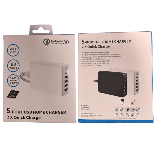 Qualcomm QC 3.0 60W 5 Ports Universal Phone & Tablet USB & Type-C Desktop Wall Charge Station Adapter 1.6M Length  (AU Plug) - Polar Tech Australia