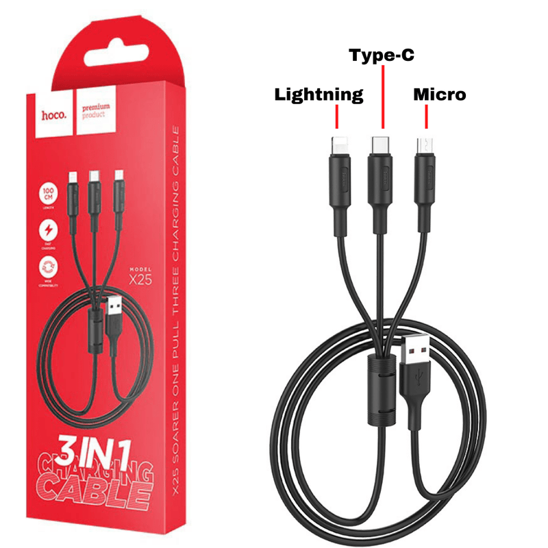 Load image into Gallery viewer, [X25][3 in 1] HOCO Universal Fast Charging Data Sync USB Cable For USB-C / Lightning / Micro Phone &amp; Tablet Device - Polar Tech Australia
